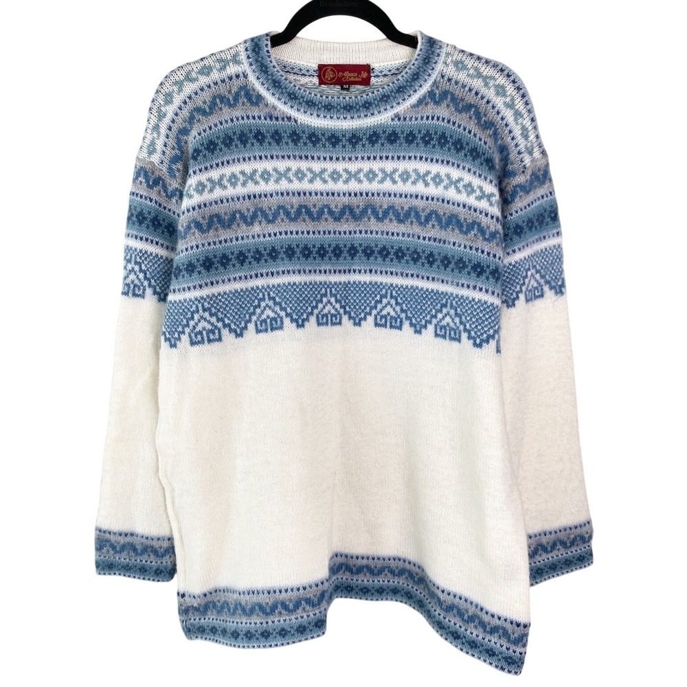 Alpaca‎ Life Womens Wool Sweater M White Blue Fair Isle Winter Festive Cabin